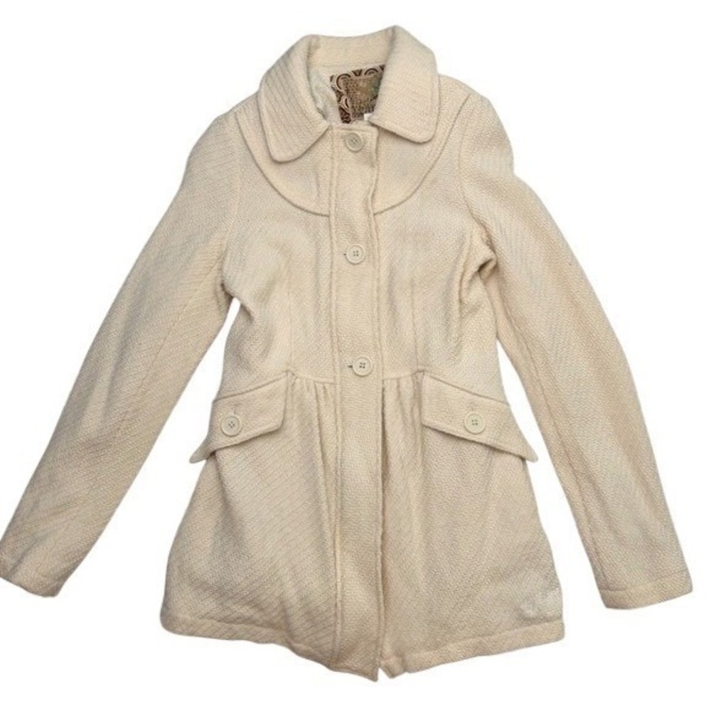 Billabong Ivory Tweed Peacoat Peter Pan Collar Womens Small‎ Edwardian Style Y2K